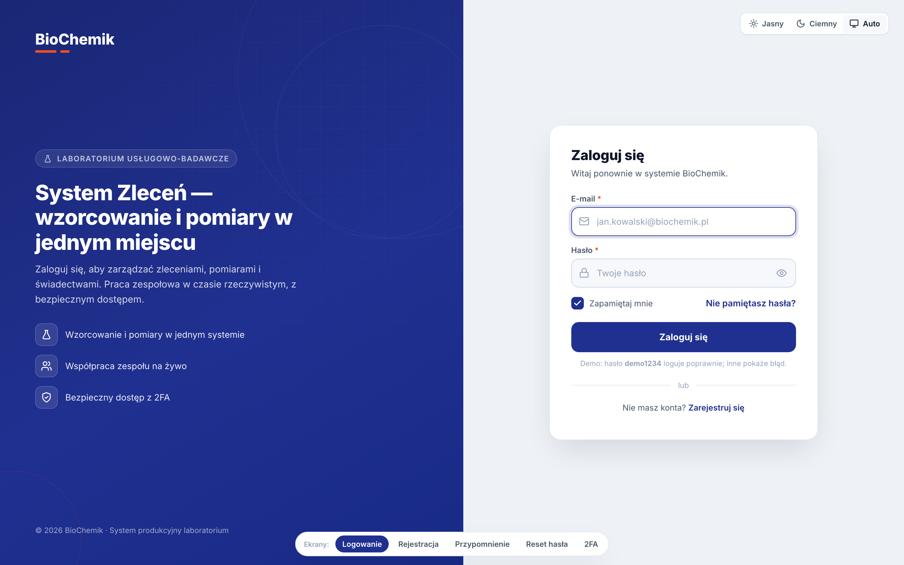 Ekran logowania — układ dwudzielny z prezentacją marki i formularzem logowania