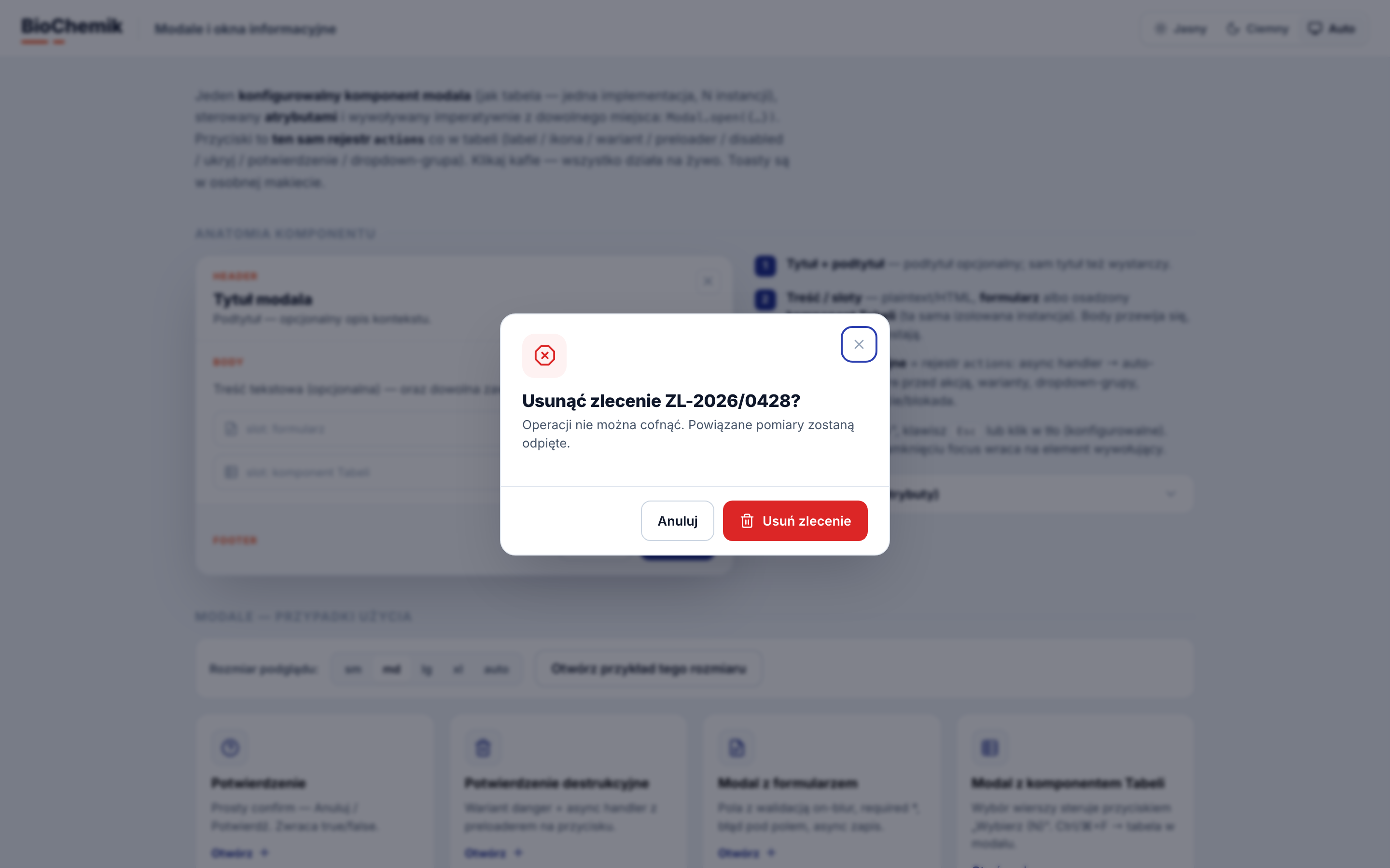 Modal potwierdzenia usunięcia zlecenia, z przyciskami Anuluj i Usuń zlecenie