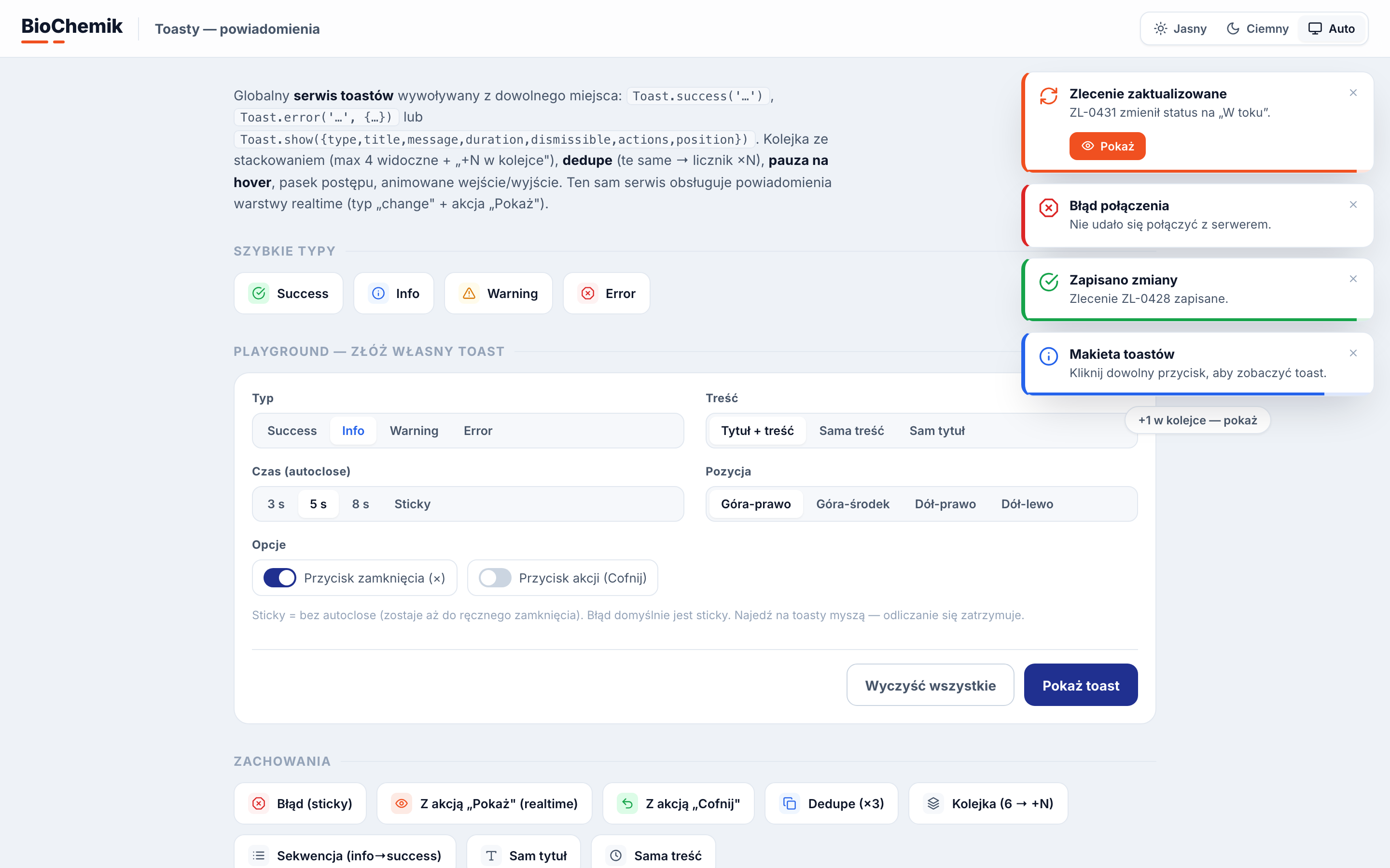 Stos powiadomień toast w rogu ekranu — typy success, warning, info i error w kolejce